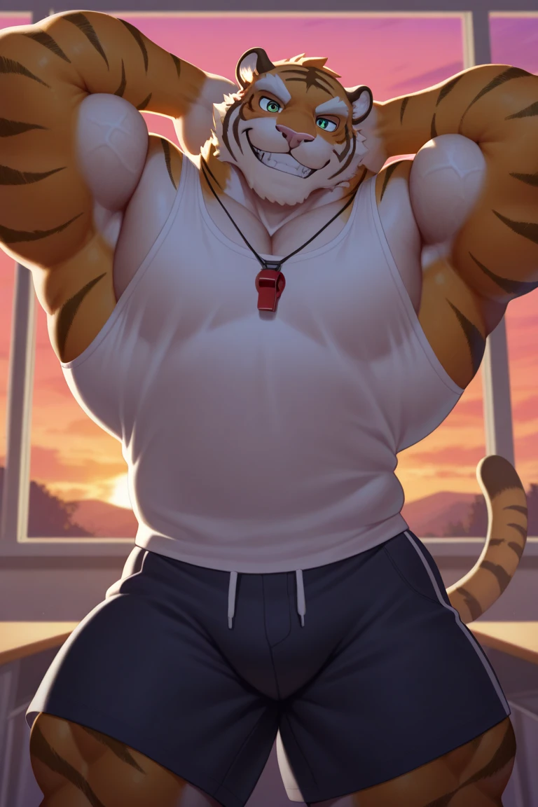 furry, Ultra-clear, tiger, wearing white socks, dirty socks, gym shorts, just finished sports, beads of sweat, 16k, full body portrait, Full body close-up, Facial clarity, Bright Eyes, delicate eyes, solo focus, Main body gray, Canidae, felines, tigers, male, juvenile, student, high school student, sports student, young, Tough Guy, Silver-gray hair, golden eyes, Eyes as bright as the sun, tall and strong, Muscles all over the body, Large pectoral muscles, 8 pack abs, Powerful biceps, thick tail, thick arms, generous palm, wide and thick wolf claws, wide and thick animal feet, sharp animal claws, sharp wolf claws, Perfect body proportions, Handsome, cute, Cool, youth, Aloof, Looks sunny, Strong build, Young face, Powerful and domineering, Be honest and honest, Humble, sexy, Aggression, hormones, Middle two diseases, Eighth-grader syndrome, half naked, no clothes, No shirt, shirtless, briefs, barefoot, no shoes, cold, indifferent, Poker face, stand, upright, hands in pockets, looking at the audience, erectile, tempting