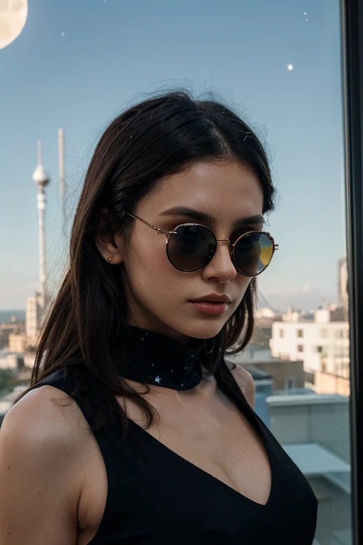 Create a very realistic and beautiful model with the following detailed features: Gender: Female, Age: Young adult (approximately 20-25 years old), Hair: Long, wavy and reddish with a natural shine, gently cascading around the shoulders and back back. . . . . . . . . . . . . , Eyes: Bright green with a captivating, slightly almond-shaped look, detailed with natural highlights, Skin: Fair complexion with a light texture, including natural freckles on the nose and cheeks, giving a youthful and vibrant appearance: Fair complexion with a light texture, including natural freckles on the nose and cheeks, giving a youthful and lively appearance, Face: with a smooth and natural contour, soft, full lips with a slight pinkish tint and a slightly delicate upturned nose, Expression : a gentle face, with a touch of mischief, which conveys warmth and approachability, Clothing: in a black suit and black sunglasses standing in an accentor, wearing a black suit, a black suit, a black outfit, a black suit and glasses, a black restrained suit, a black silky outfit, fashionable black clothes, a Girl in a suit, wears black clothes, Girl in a suit, Smooth black tight-fitting suit, wears an elegant outfit, haute couture chic, All black , Background: the model is in an accesor, start in accensor, accensor, accensor Pose: relaxed and confident posture, start on an open roof, end of sunny day, sea view in the background. aesthetic, Unsplash, Neoclassicism, Complex background, Best quality, hyper detailed, Gratty Sita, 64K, Light design