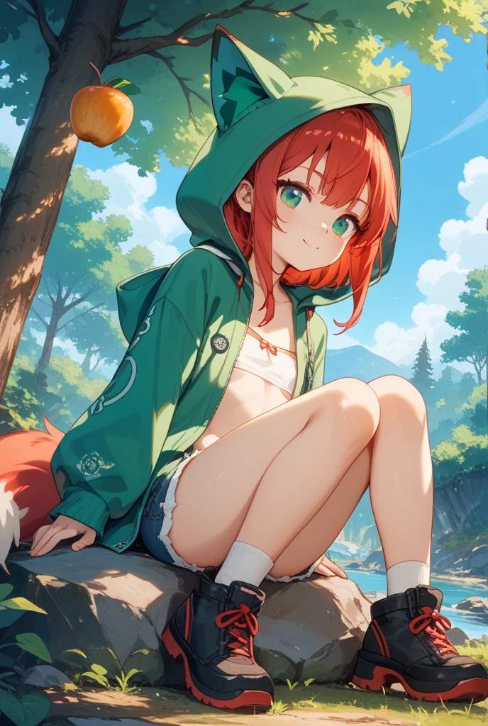 A character with bob hair, red hair and cat ears　Red Tail　B Cup　Blue-green eyes　Brown parka　Thighs　Tree Eyes　C-shaped eyebrow