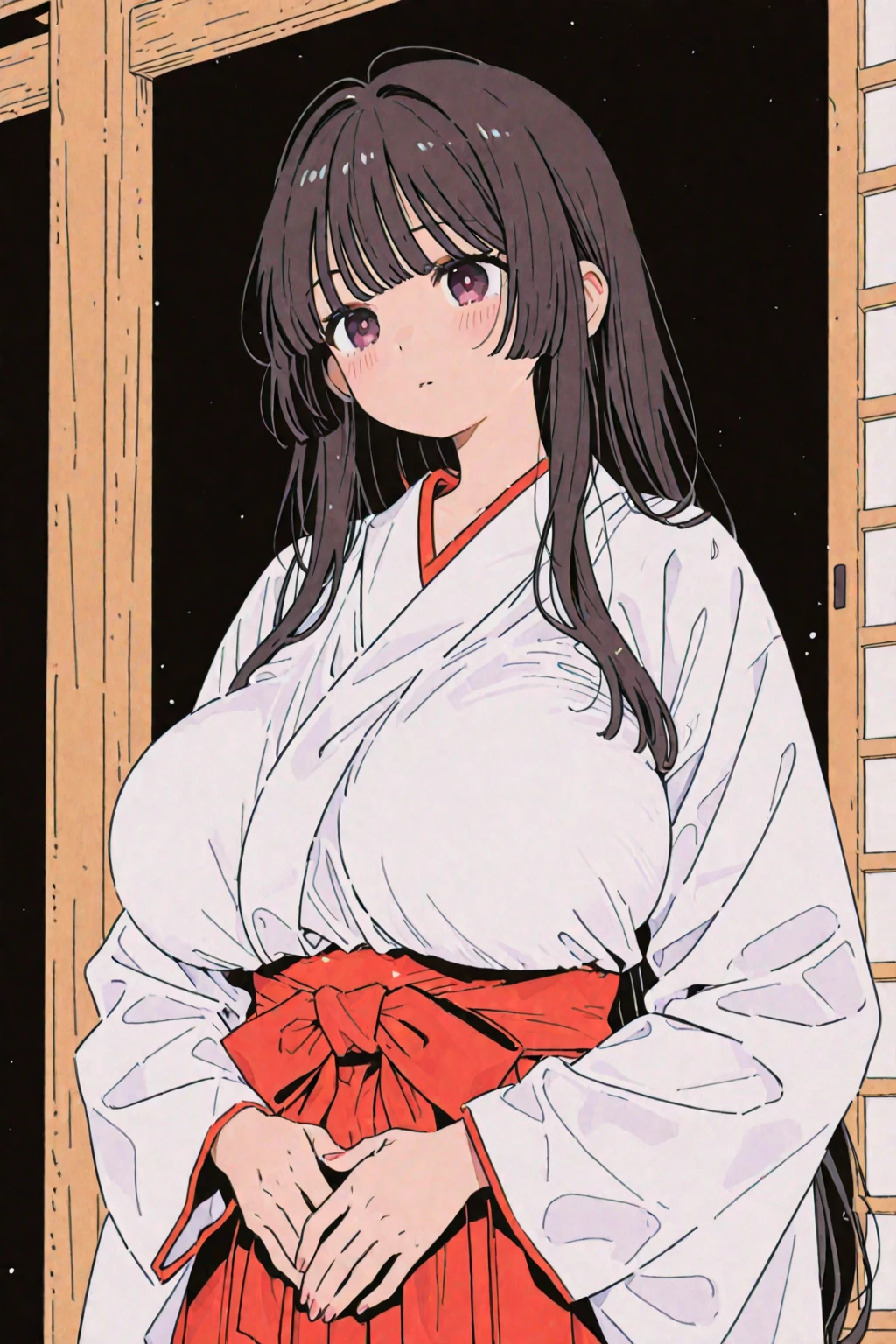 looking at the camera、When I Look at You、lookatviewer、Anime Style、1 girl, (Huge breasts:1.2), (White kimono)、Low Angle、Black-haired、blush, whole body,Round Breasts、smile、In the heat、(Sweat:1.5)、whole body、Straight Hair