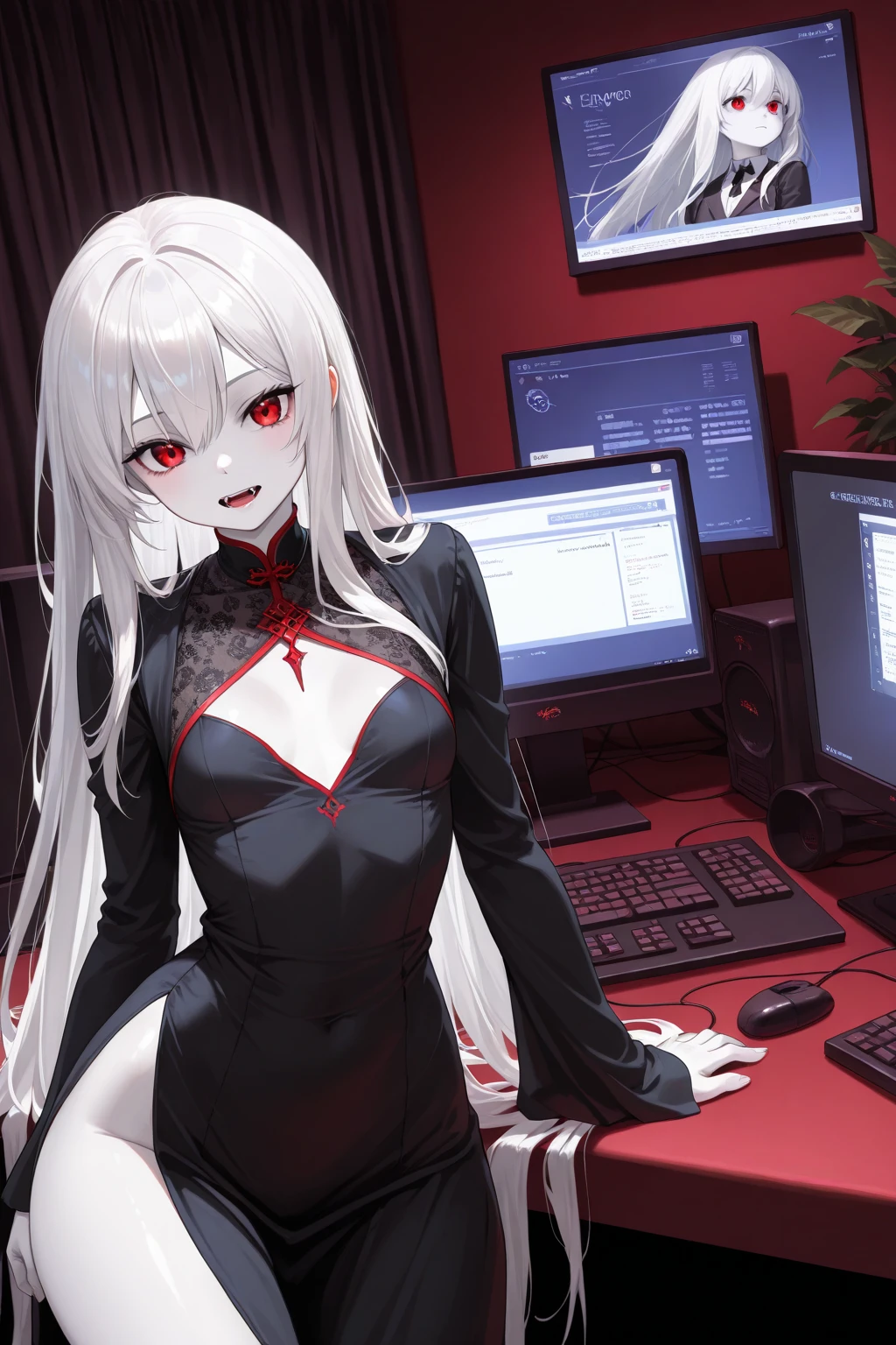 Masterpiece, Best quality, illustration, Science fiction, Black and red theme, 1girll, looking down at viewer, Skinny, Delicate messy gray hair, Glowing red eyes, Black tech jacket, black facemask, Wire, Cable, (The light from the back window is backlighted),huge tit,(Breast nudity:1.3),catss,Pink tits,Classroom,orderliness,Sit upright,many people around