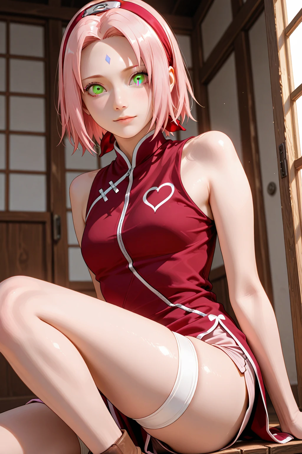 1girl, solo, full body,wearing armor,warrior armor, ancient armor, (((Pink armor boots))), masterpiece, (high detail:1 1), Rough face, Natural skin, high quality, NSFW, Sakura Haruno，Pink hair, short detailed hair，(headband), (forehead mark), Green eyes，（Big breasts:1.2 ），( smile:1.2），Face blush，（cleavage:1.4），Sexy figure, perfect bodies, beautiful eyes, (Detailed face and eyes), (face: 1 2), voices, Extra, real photo, ... ... ........... PSD, sharp focus, contrast lighting, Delicate skin, High definition 8K, incredible details, realistic, professional photo shooting, 8K UHD, SLR camera, soft lighting , high high quality, film grain, Fujifilm XT3, magic, particle FX, sideview, leggings, in the forest, dark forest, horror forest, cherry blossom petals, looking at viewer, ((nipples)), (((Show cameltoe))), (((Legs spread))), (((Legs opened))), (((Sitting on the bench))), (((foucs))), (((Sweaty body))), wet, (((Very wet))), (((close-up))), close up