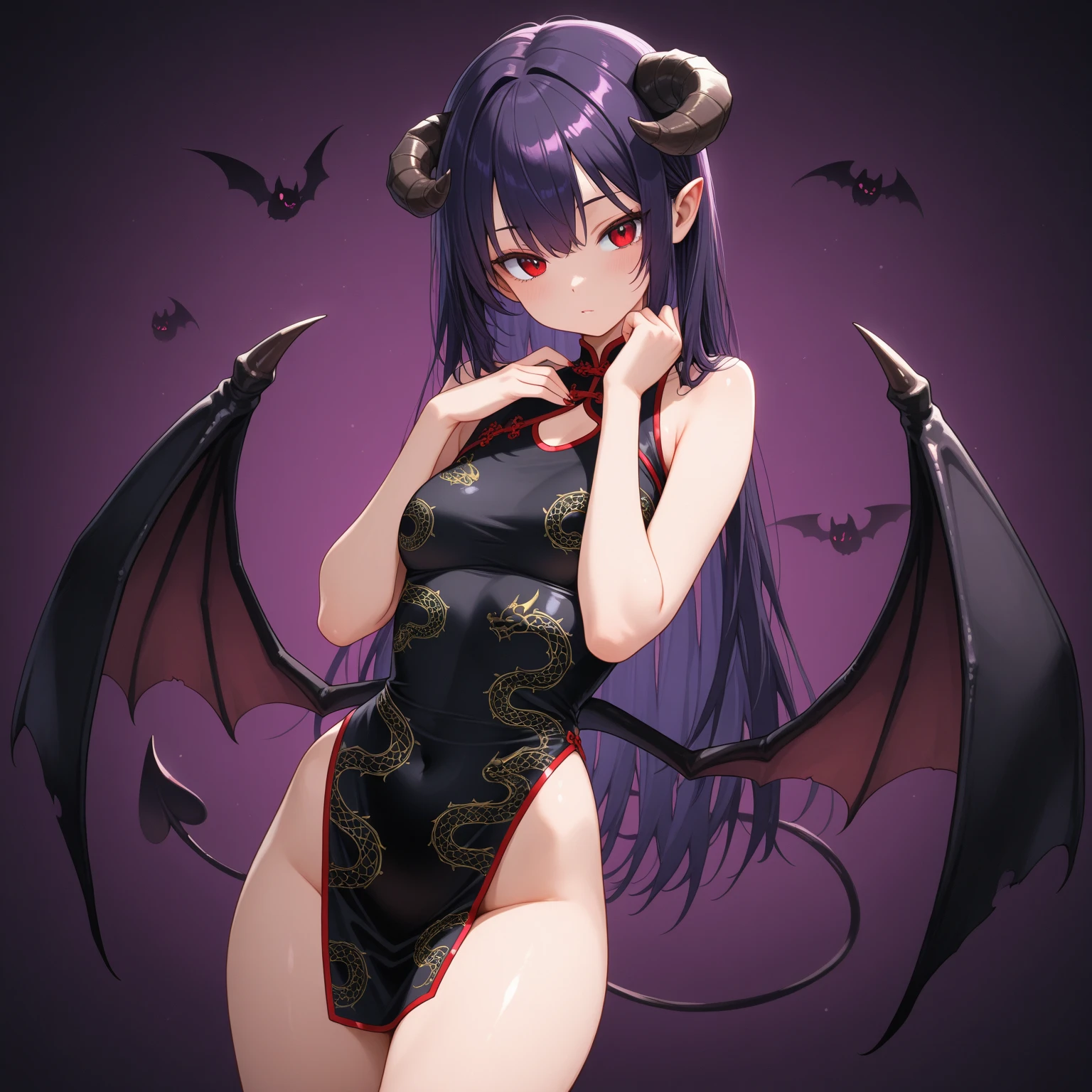 Create a female character between 25 and 28 years old inspired by Baphomet. En 2D estilo anime