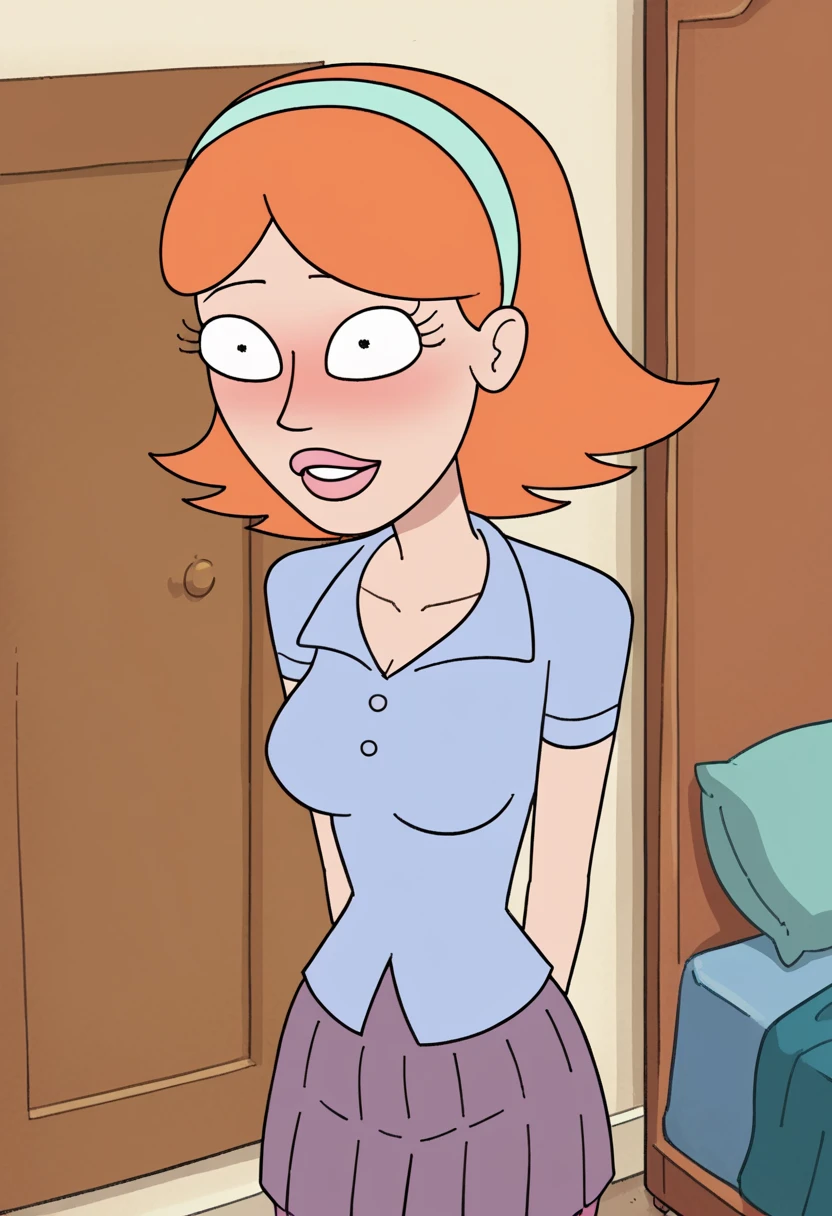 a teenage girl sexy attractive beautiful cool popular short orange hair disheveled cut light red lip wears long light blue button shirt sensual curves and a short purple miniskirt pair short blue socks legs white heel she is frozen inside a pink crystal paralyzed in a laboratory