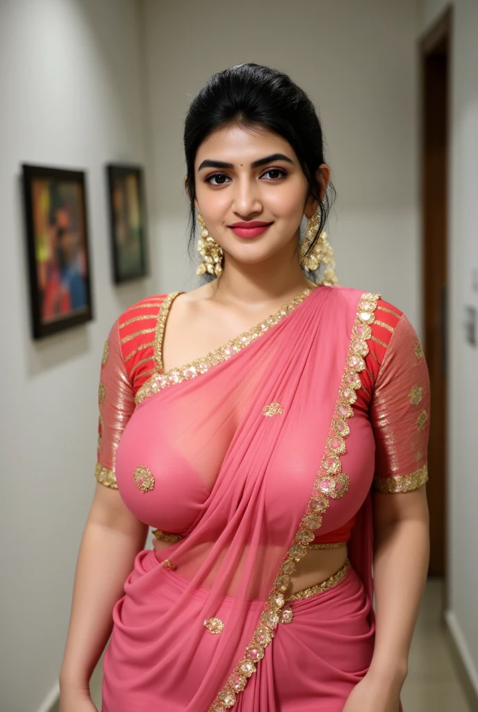 Indian busty gorgeously prettiest lady(face looking like Indian lady(beautiful face, beautiful nose, beautiful eyes, beautiful lips, beautiful navel,(very large gigantic breasts:0.6),)) wearing saree. She is wearing Indian designer saree blouse, her huge large gigantic  beautiful breasts Coming out of her blouse but she is very shy. She is giving intimate look. Her she is showcasing her deep huge cleavage of huge (saggy breasts:1) lying on bed sleeping. Real skin texture. Real clothes, She is real Indian housewife, Full body photo, full picture. Her facial details are exceptionally perfect realistic. She is smiling softly. Her lips are perfectly crafted. Very shy sexy mother lying on side on bed. Shebhas voluptuous breasts. Mother is getting aroused by sexual intimacy. She is giving sexy pose. Her natural large breasts are so beautiful.