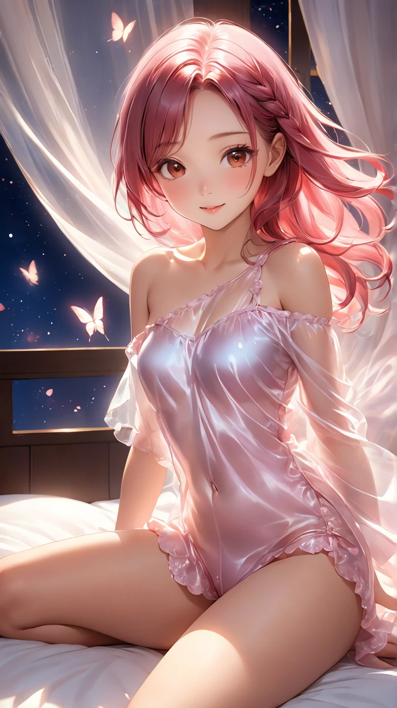 Ultra clear, ultra detail, dark night, seaside, natural light, long red hair, bright eyes, long eyelashes, pink slip dress, starfish, shells, pearl hair accessories, mermaids