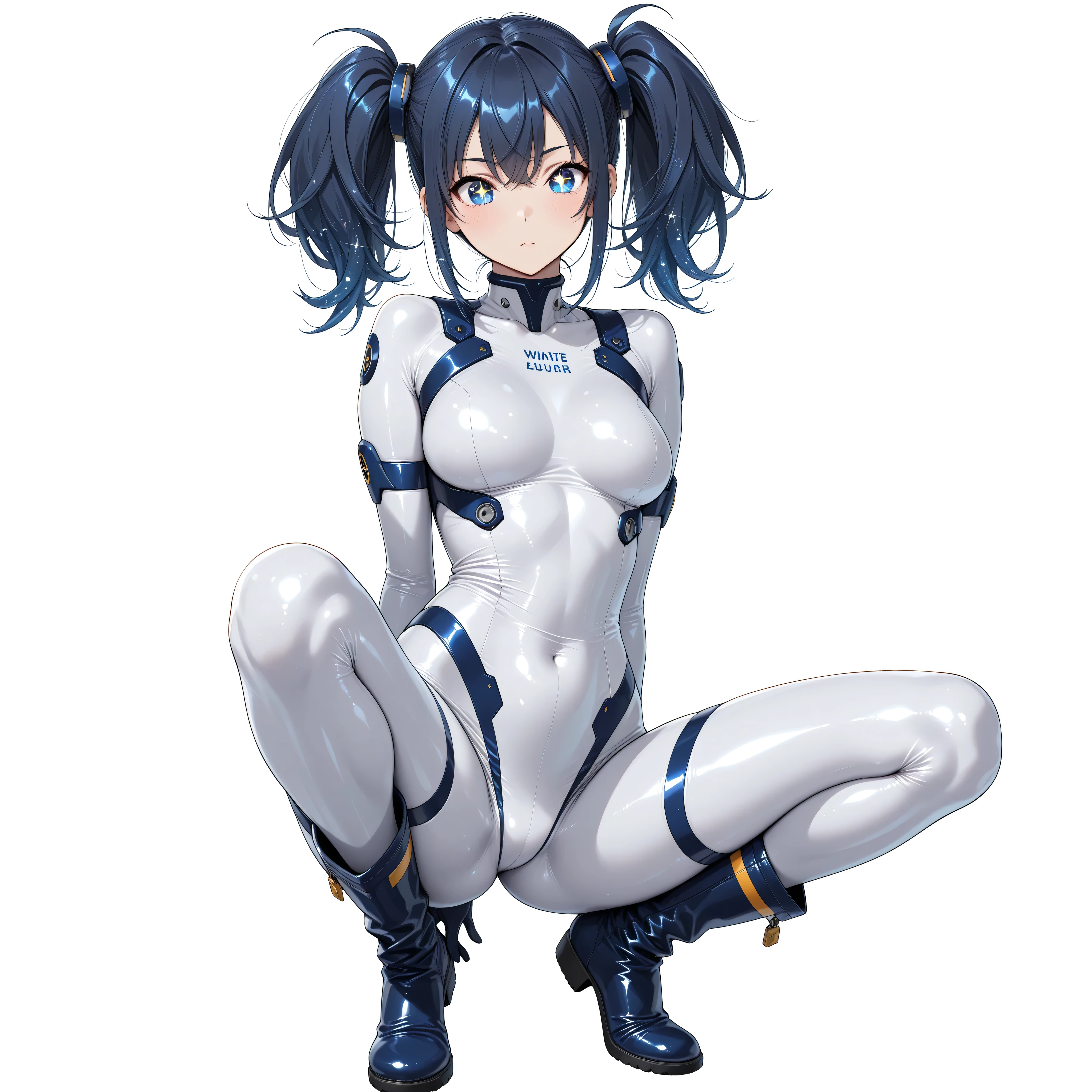 (masterpiece,top quality,highest resolution,Clear Images,Detailed Images): (cute Japanese woman with sparkling blue eyes, very delicate, and、beautifully slender physique with dark blue hair tied in high knot ponytails、Hide your legs by wearing, wear tight white and dark blue pilot suits with enamel finish, hide legs, Wear、白と濃い青の光沢のある太ももカバーパンツと濃い青の光沢のあるショルダーカバーWearて足を隠してください, Completely conceals the chest , wear stiff boots with shiny white and navy blue glitter, shiny elbow-length gloves with sparkling blue eyes, and膝まずく),(simple background,white background:1.5)