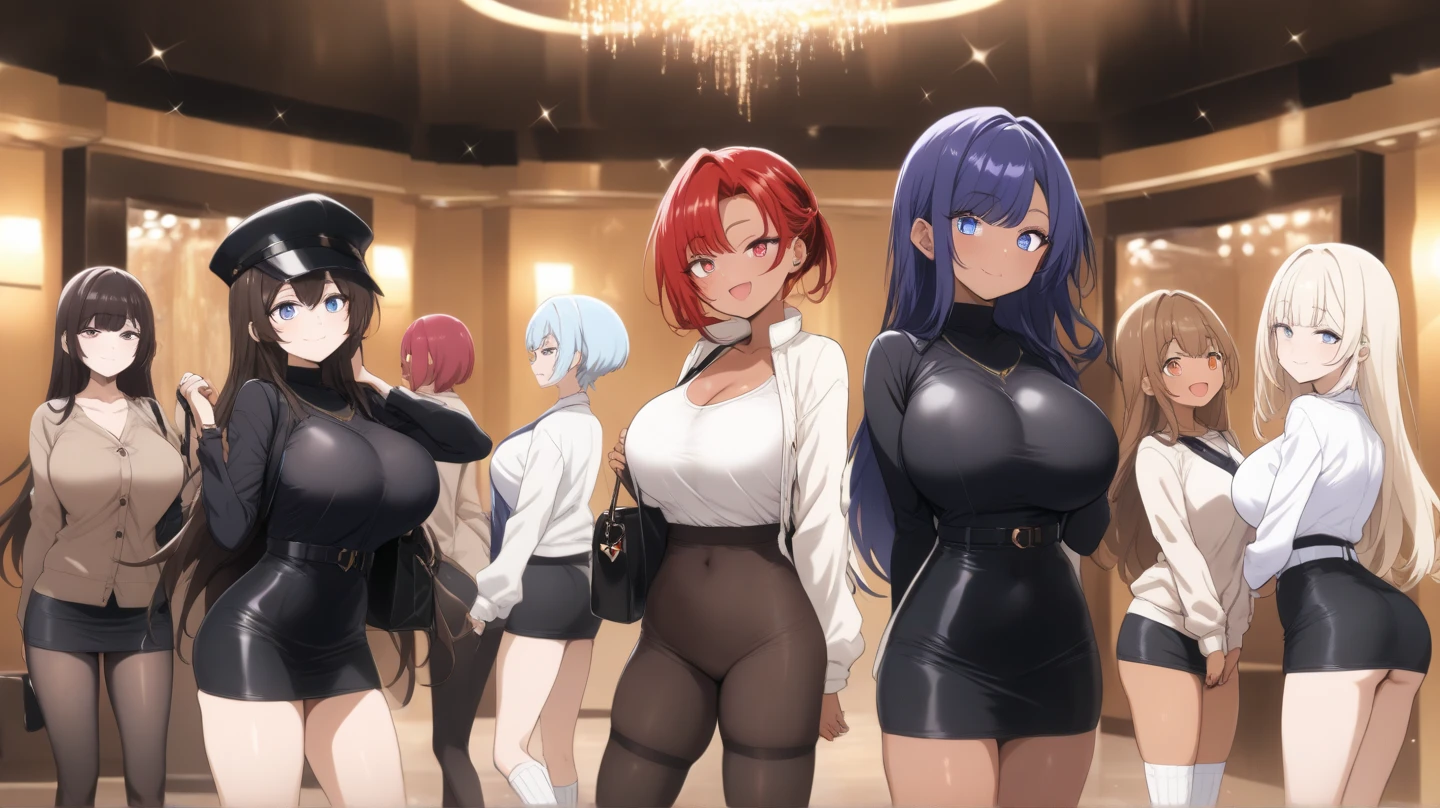 absurderes, 8K ,A high resolution, Ultra detailed, Beautiful, Masterpiece, Best quality, (Beautiful and delicate silver eyes), (3girl) ,Three sexy beautiful young women in office OL (Office Lady),white button-down blouse,There is a collar,Black Slit Skirt,(Black pantyhose),Long legs ,Detailed legs,High heels,Side ponytail , bangs,full bodyesbian,Big breasts,cleavage,Green hair,Blue hair,Pink hair,