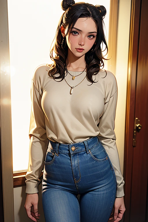 Best quality, full-body portraits, delicated face, Nice face, Slim figure, Yellow tight sweater,Skinny blue jeans,cabelos preto e longos,Cute big breasts,Bedrooms,bedridden,ssmile,Get up,Strike elegant poses