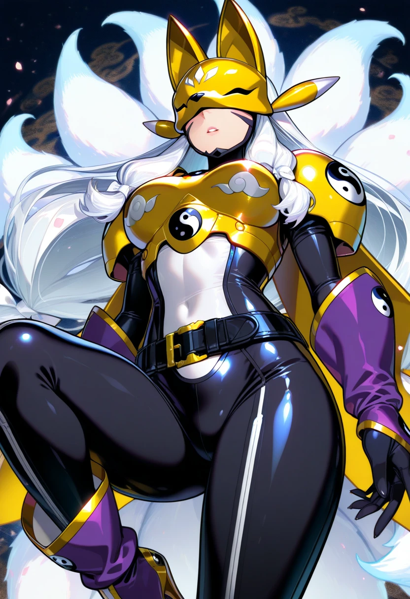 make me the character renamon from digimon but in a human version of this same one make it have details or characteristics of renamon such as its ears and tail and also make a full body image make it have nice and firm breasts and a light skin tone too Make her a curvy and sexy body with medium thighs that are neither too big nor too small.