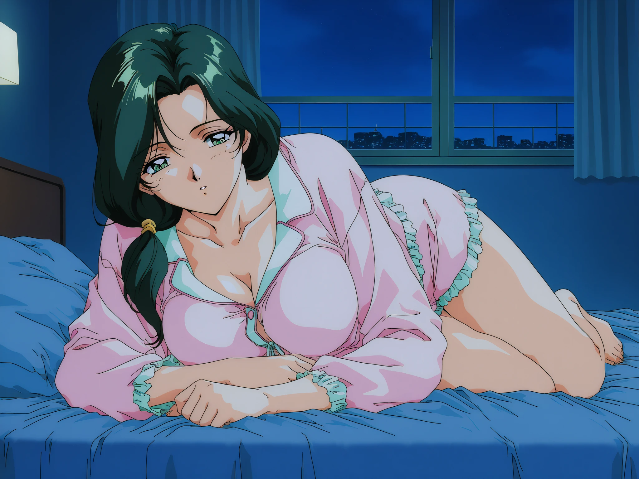 (((solo))),1girl,Sakurai_Sensei,solo, dark green hair, long hair, green eyes, large breasts, low ponytail,1990s (style), anime coloring, general,highres, ultra-detailed,very aesthetic,best quality ,best hands, BREAK,hotel rooms,night, loungewear,barefoot,sleeping on a bed,(((solo)))