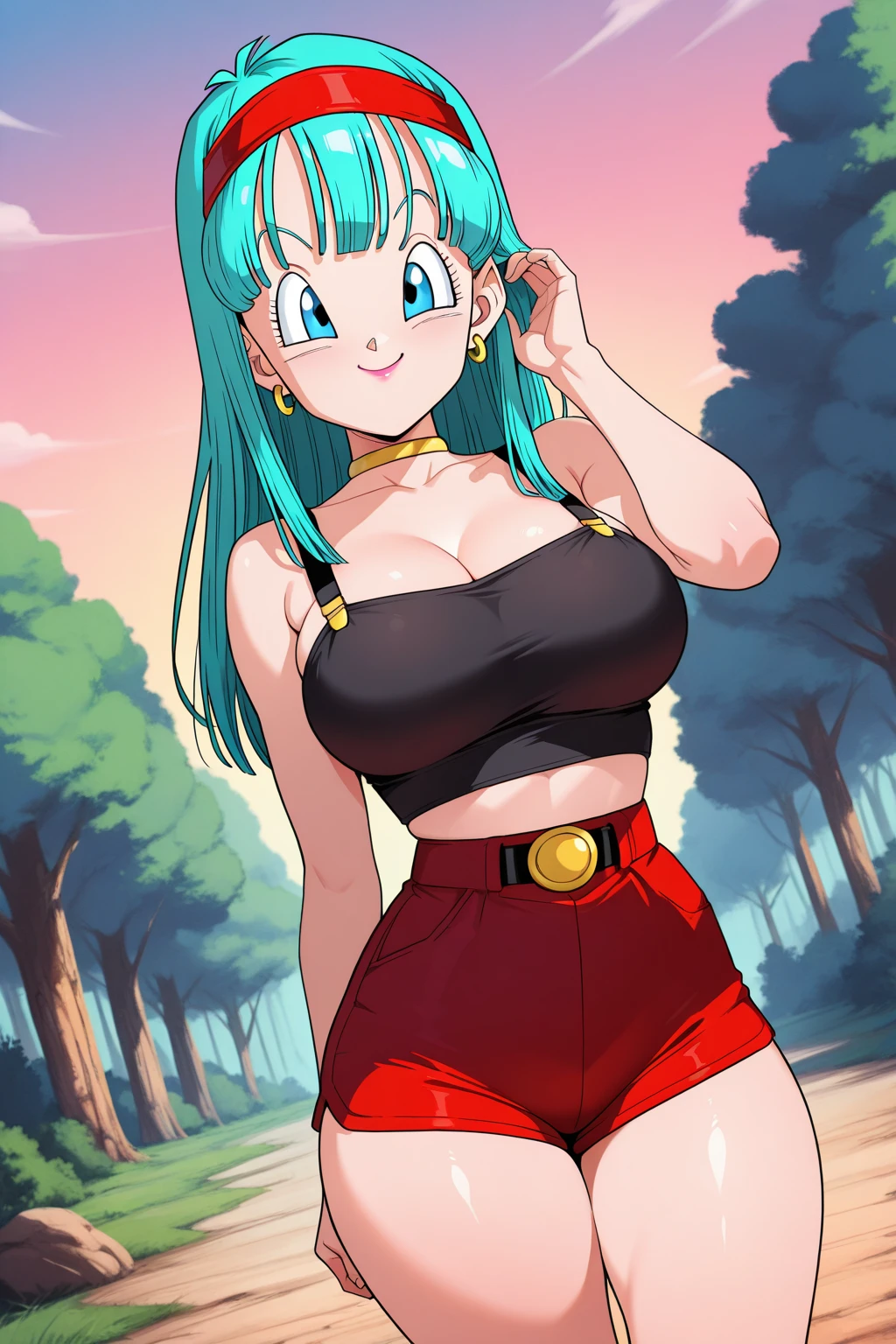 trans Male to female, plump pursed lips, freckles, long curly green hair with bangs, crystal blue eyes with smoky eye shadow and black eyeliner, black semi-matte lipstick, pale to white dress skin, flirty smug smile, teal sundress, large futanari genital bulge
