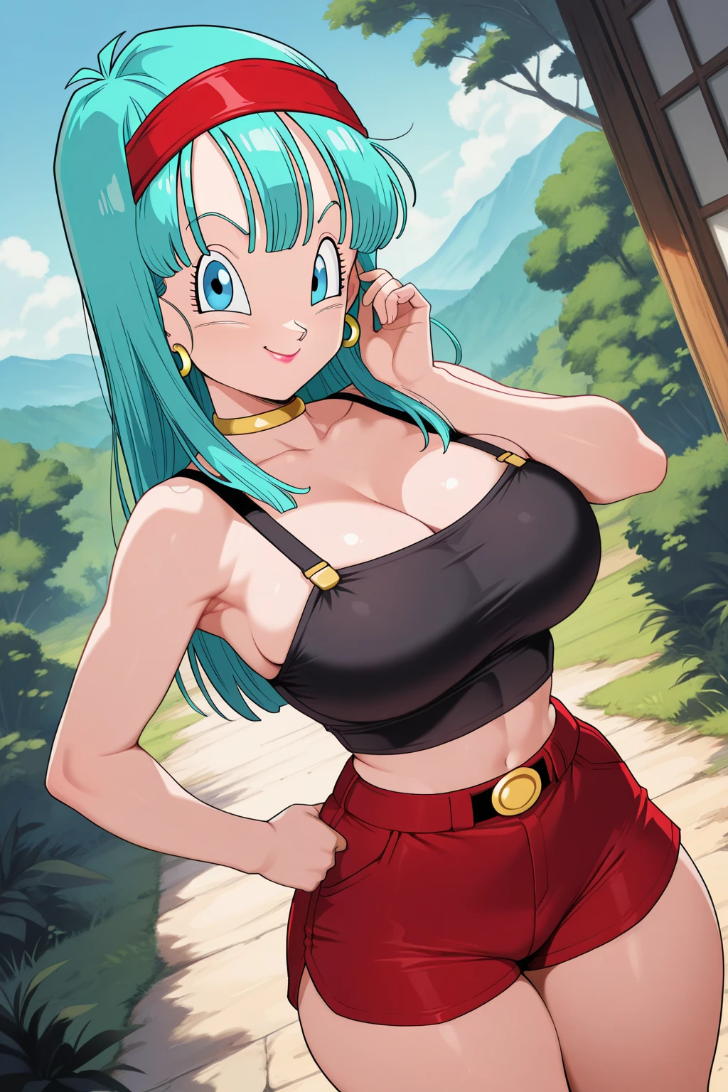 trans Male to female, plump pursed lips, freckles, long curly blue hair with bangs, crystal blue eyes with smoky eye shadow and black eyeliner, black semi-matte lipstick, pale to sun-kissed skin, flirty smug smile, teal sundress, large futanari genital bulge