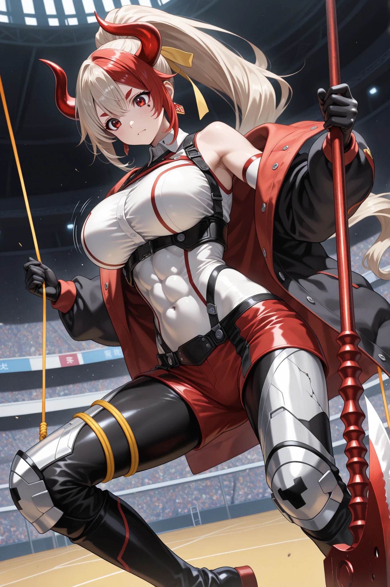there is a cartoon female in white hot pants with her hip sticking out, (((raise ASS:1.7)),back shot,close up ass,(RED Ribbon on HAIRband:1.2),aikatsu,1 girls,in senki zesshou symphogear style , Blonde long hair,black and RED battle suit,BREAK,ultra-definition, high resolution, ultra-detail CG,caustics, Live stage, in front of super large vision, singing, Battle pose,thgear, 1girl, solo, tachibana hibiki (symphogear), medium breasts, navel, headgear, gloves, gauntlets, body suit, shorts, white scarf,Ichigo Hoshimiya (Aikatsu!),sitting, squating, looking down, look at the  viewer, from below