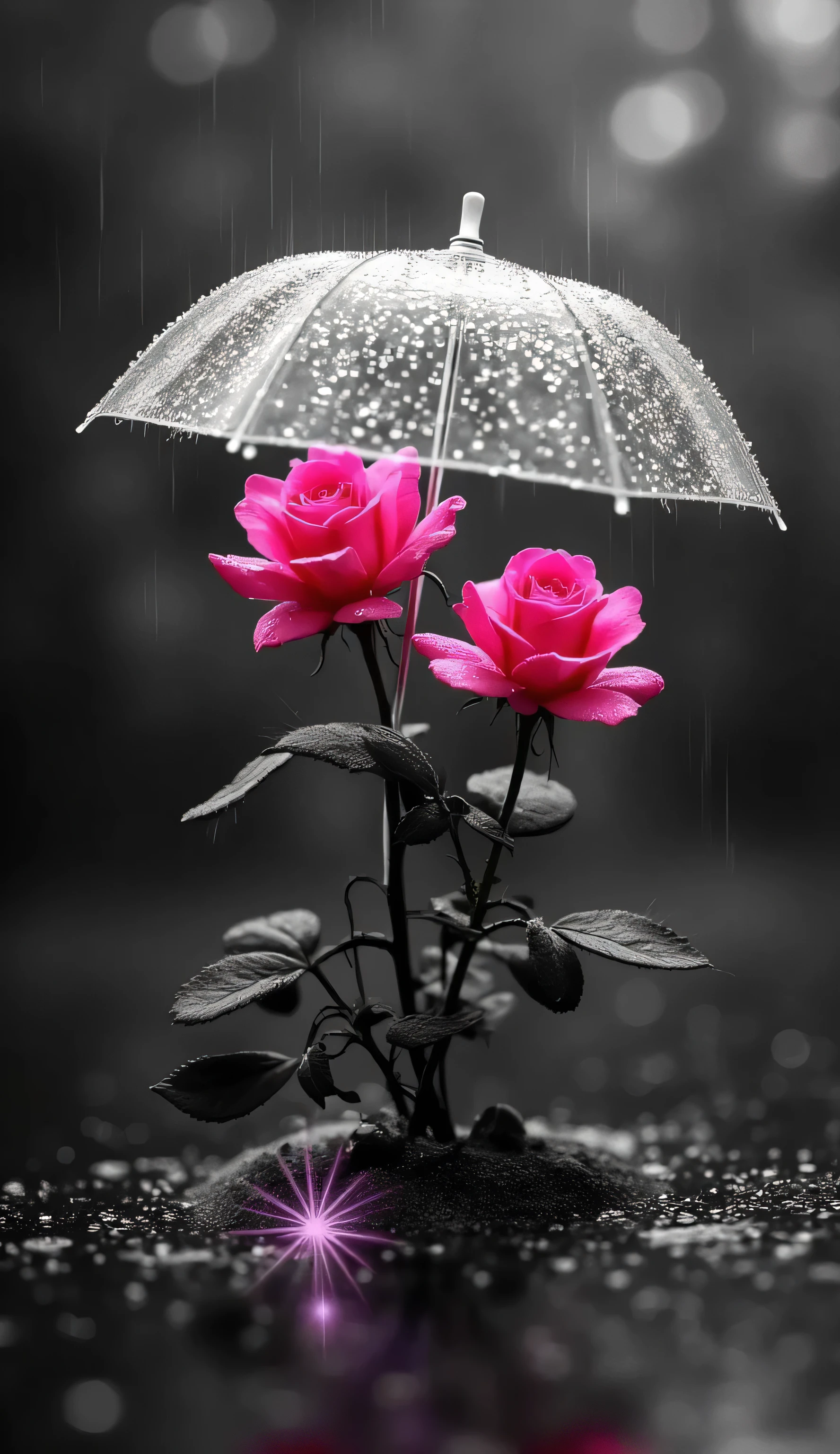 MINIATURE- A striking black and white composition featuring two vibrant PINK roses beneath a transparent FULL SIZE umbrella, set against a rain-drenched surface. AROUND GRASSES,The scene evokes a sense of solitude and beauty, with droplets glistening on the roses and umbrella, enhancing their vividness. Soft, diffused lighting captures the essence of a rainy day, while the contrast between the monochromatic background and the saturated roses draws the viewer's attention. The arrangement emphasizes the delicate structure of the flowers, creating a balanced composition that conveys emotion. Ideal for artistic photography or magazine cover, this image uses shallow depth of field to soften the background.