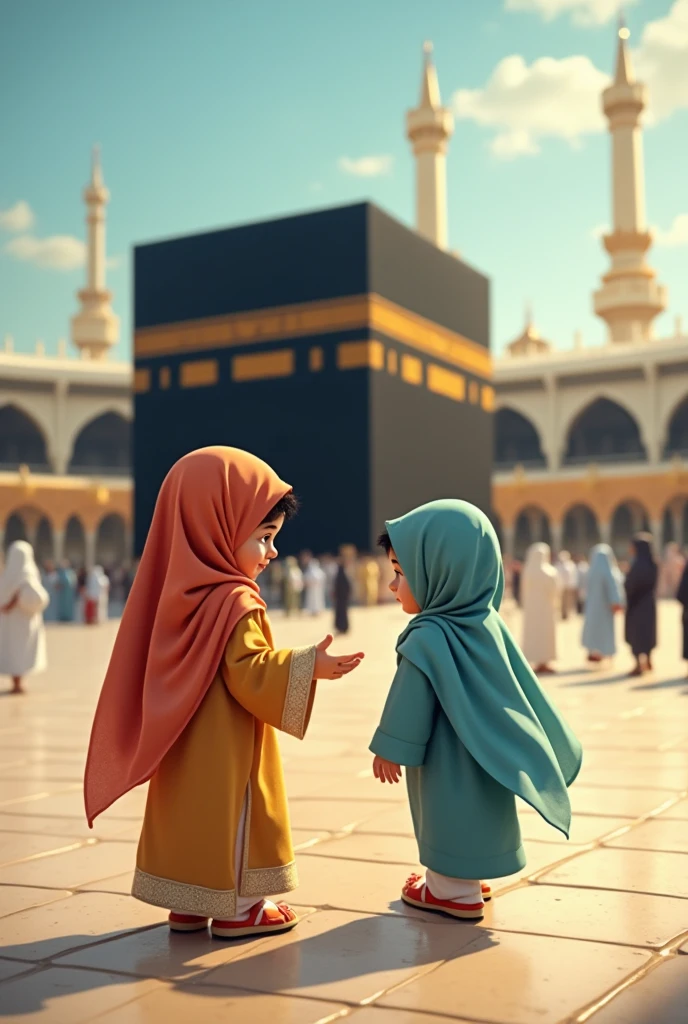 My beautiful hijab wife with me a cartoon image. Background with kaba
