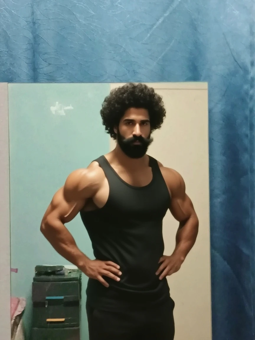 one man, chubby, beard, curly hair, dark skin tone, body hair, shirtless