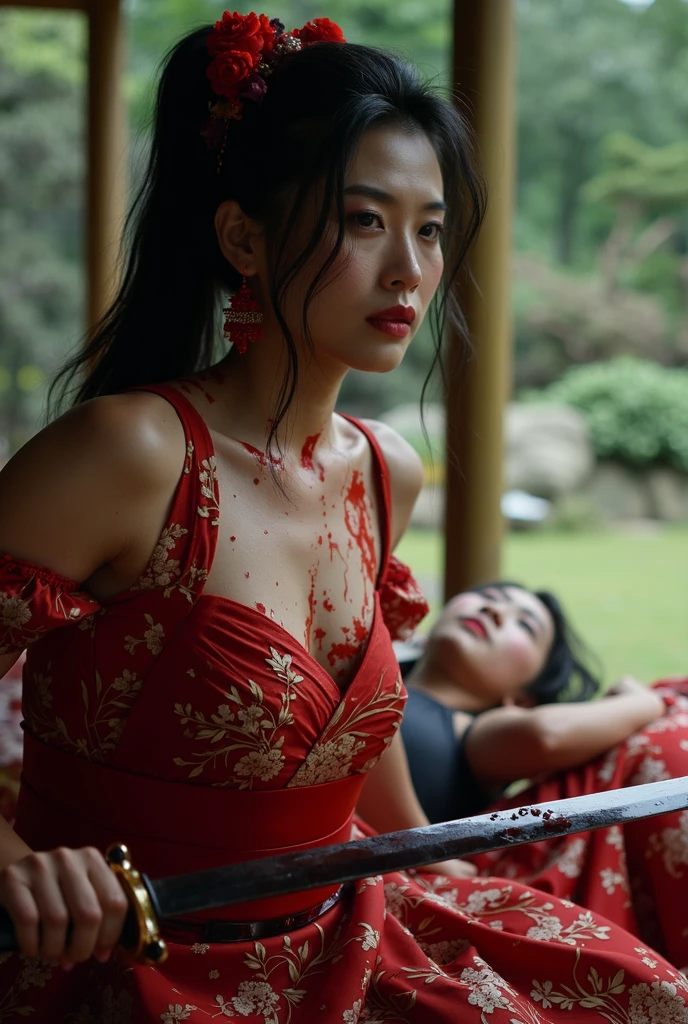 Asian women with sexy kimono dying, almost die, died laying at the battle ground blood spurt out from her wound, naked, nude, death by stabbed at her chest, stabbed chest, with a sword, the sword stuck at her chest covered of blood body, blood spurt out from her wound