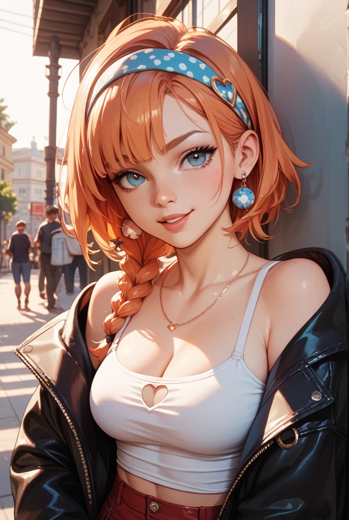 1 girl,cowboy shot, Beautiful Nora_Valkyrie, looking at the viewer, smile, short hair, blue eyes,heart cutout, gloves,  jacket, pink skirt, pink belt, short sleeves, puffy sleeves, unique bracelet, fingerless gloves, Orange hair, pink gloves, dynamic pose, evening, outdoor, city, (volumetric lighting), Best Quality, masterpiece, intricate details, tone mapping, sharp focus, hyper detailed, trend in artstation,