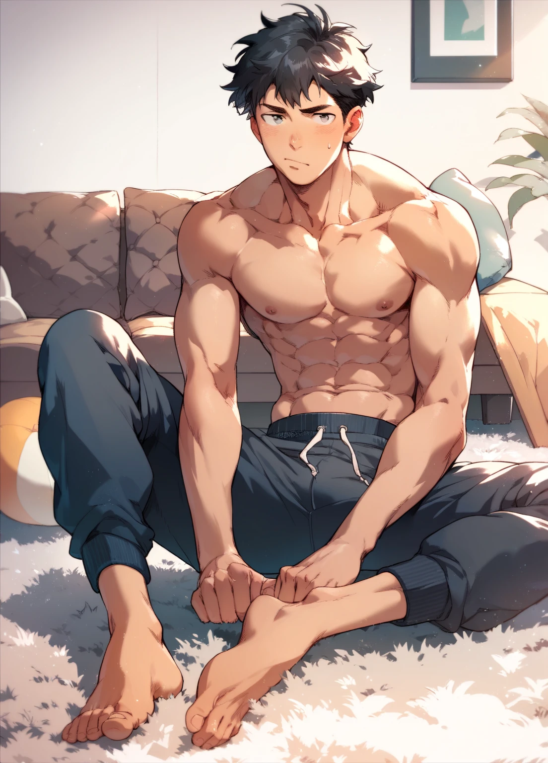 1 man, Getou, looking forward, smile, short fur, black hair, tall, 1st year, mouth closed, lying down, ((lying on sofa)), body lying on side, shirtless, showing chest, showing abdomen, body full length, male focus, hair bun, brown eyes, black baggy pants, muscular abdomen, muscular body, show legs, piercing, single hair bun, ear piercing, bare feet, hand extended forward, calling sign, hair pulled back back, masterpiece