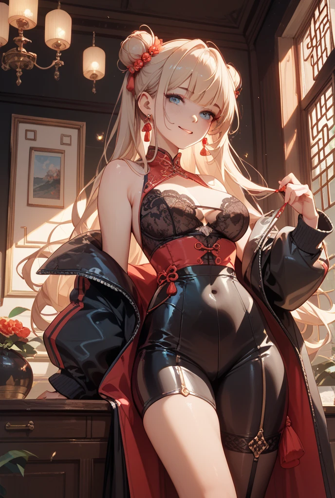 ((2D Beautiful Girl、top-quality: 1.2、perfect fingers: 1.2、perfect anatomia: 1.1、Perfect outfit、face perfect: 1.1、Beautiful illustration))、(Transformation Sequence)、(long sleeve cheongsam leotard)、14years、Solio、A Princess、Fractal art、a baby face、((Straight Long Hair))、(Slender and beautiful legs)、Large sagging eyes：1.1、(long shot shot、full body photographed、shot from front)、(1 persons）、Red in the face and embarrassed、Beautiful bedroom with night view、Canine ears、