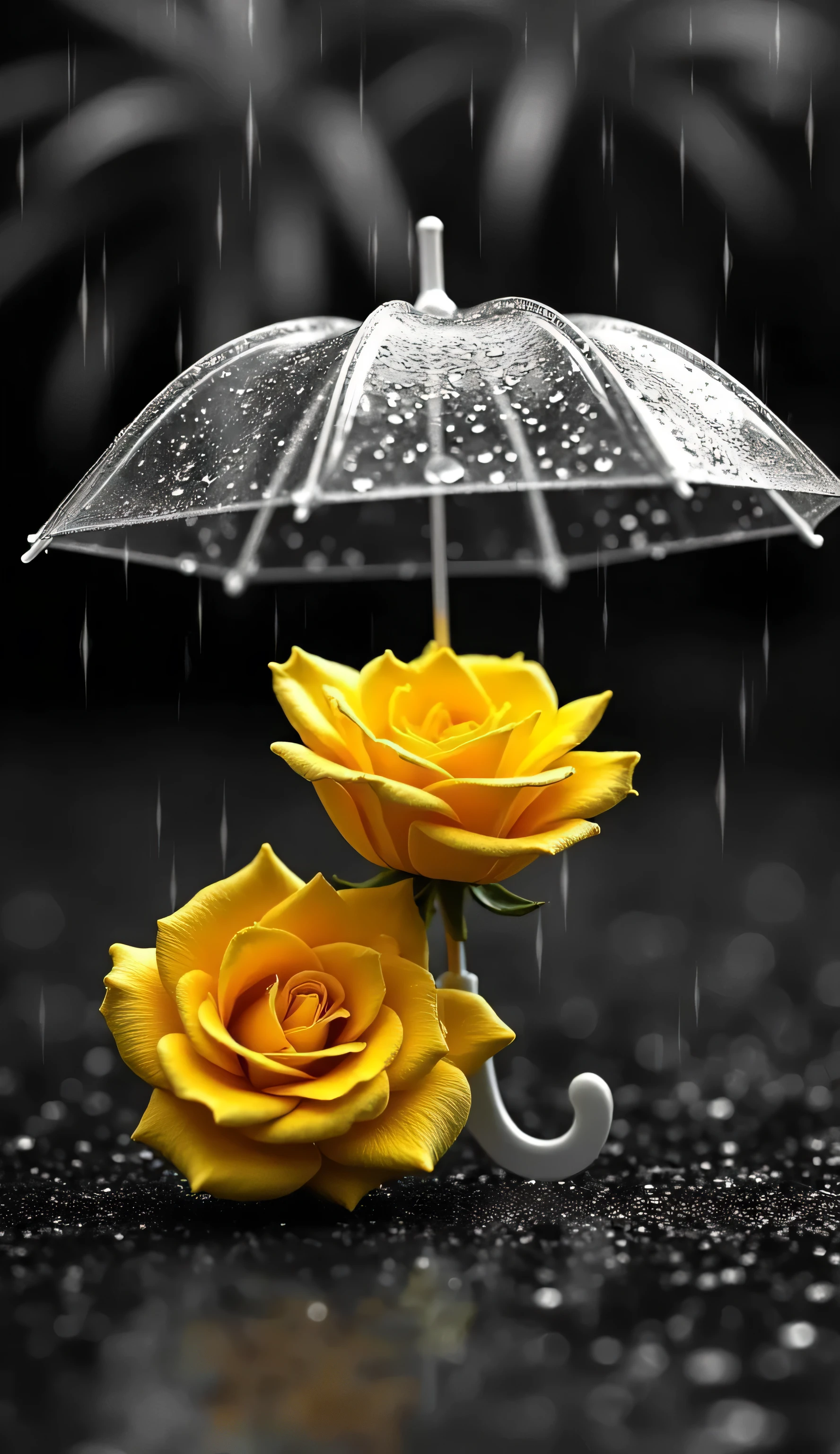 MINIATURE- A striking black and white composition featuring two vibrant YELLOW roses beneath a transparent FULL SIZE umbrella, set against a rain-drenched surface. AROUND GRASSES,The scene evokes a sense of solitude and beauty, with droplets glistening on the roses and umbrella, enhancing their vividness. Soft, diffused lighting captures the essence of a rainy day, while the contrast between the monochromatic background and the saturated roses draws the viewer's attention. The arrangement emphasizes the delicate structure of the flowers, creating a balanced composition that conveys emotion. Ideal for artistic photography or magazine cover, this image uses shallow depth of field to soften the background.