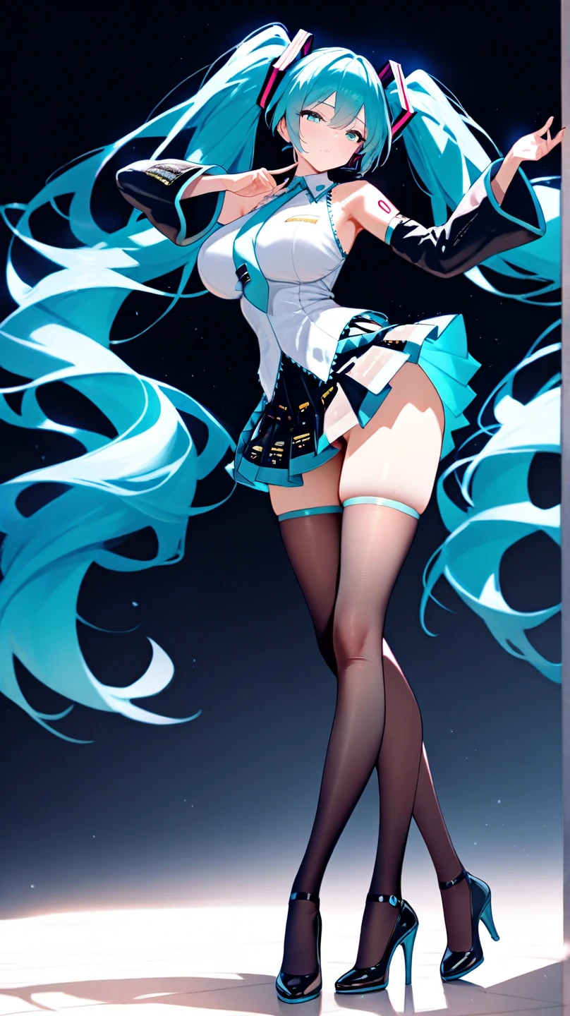 (最high quality:1.2, Anime artwork, Anime Style, Studio Anime, Very detailed, up to date, Vibrant, Anime Coloring, High Contrast, masterpiece:1.2, 最high quality, Best aesthetics), 1 female, alone, Fairy, The body is slim, (Hatsune Miku), blonde, (Small face), ((Pastel Dress, Transparent body, Transparent dress, Light effects)), (((Captivating body, Lewd Curves))),  Forest and spring background, ,((Laughing with your mouth open:1.2)), Normal hip joint,, Put your arms behind your head, (Color coding, Sexy Fishnet Stockings, Shiny costumes), Beautiful Skin, Beautiful Skin, Perfect Fingers, Five Fingers, Anatomically correct, Background Blur, high quality, Surreal, Bright colors,