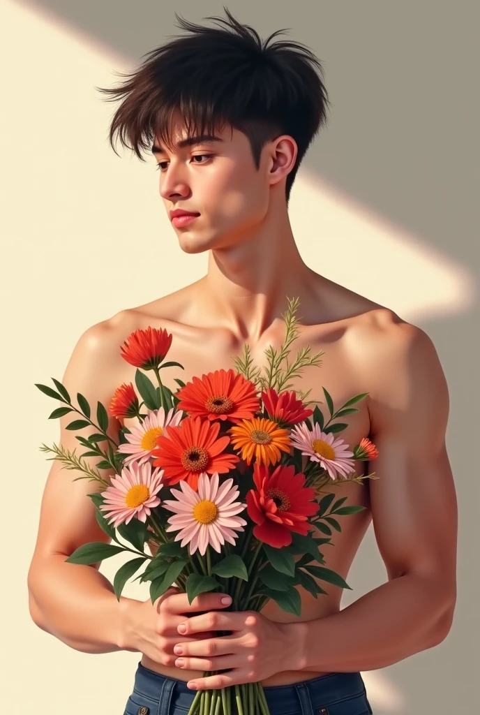 Male handsome, masterpiece, best quality, anime, highly detailed face, highly detailed eyes, highly detailed background, perfect lighting, 1male, solo, full body, standing, latex legwear, black hair, detail flowers, naked torso, green eyes,