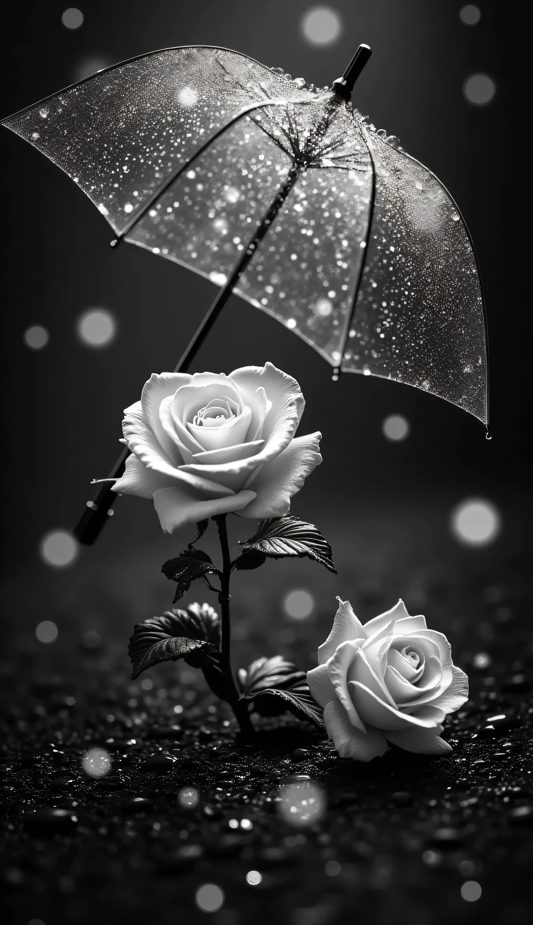 MINIATURE- A striking black and white composition featuring two vibrant WHITE transparent roses beneath a transparent FULL SIZE umbrella, set against a rain-drenched surface. AROUND GRASSES,The scene evokes a sense of solitude and beauty, with droplets glistening on the roses and umbrella, enhancing their vividness. Soft, diffused lighting captures the essence of a rainy day, while the contrast between the monochromatic background and the saturated roses draws the viewer's attention. The arrangement emphasizes the delicate structure of the flowers, creating a balanced composition that conveys emotion. Ideal for artistic photography or magazine cover, this image uses shallow depth of field to soften the background.