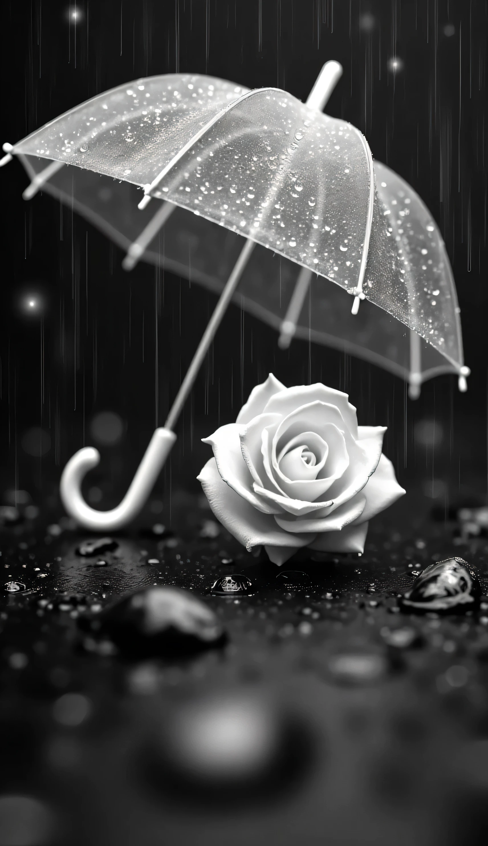 MINIATURE- A striking black and white composition featuring two vibrant WHITE transparent roses beneath a transparent FULL SIZE umbrella, set against a rain-drenched surface. AROUND GRASSES,The scene evokes a sense of solitude and beauty, with droplets glistening on the roses and umbrella, enhancing their vividness. Soft, diffused lighting captures the essence of a rainy day, while the contrast between the monochromatic background and the saturated roses draws the viewer's attention. The arrangement emphasizes the delicate structure of the flowers, creating a balanced composition that conveys emotion. Ideal for artistic photography or magazine cover, this image uses shallow depth of field to soften the background.