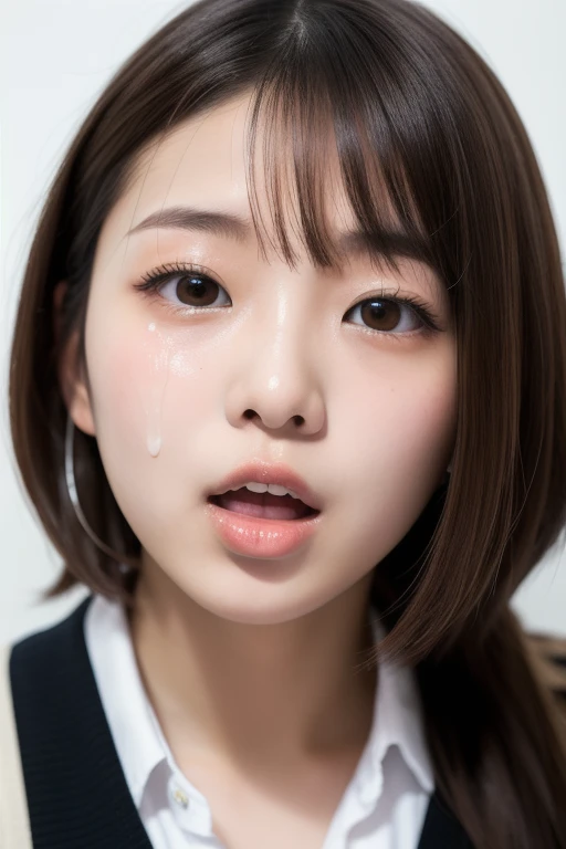 highest quality, Detailed workmanship、high resolution、(8K, High resolution:1.2)、raw photo, photorealistic、slender body shape、high definition face、Face is in focus、high definition eyes、(Focused, symmetrical pupils:1.2)、High-definition and beautiful skin、firm skin、natural makeup、gross lip, High-definition hair texture、masterpiece、japanese woman、high school girl、17 years old、very cute, very short hair break (high school uniform:1.3) break classroom、(very embarrassed:1.3), (blush:1.3), (Sad face:1.3)、(Watery eye:1.2)、Looking up at the camera、(mouth open:1.1)、(cum on face:1.7)、(I put my hand over my mouth:1.2)、(various shooting angles:1.3)、medium breast, nsfw