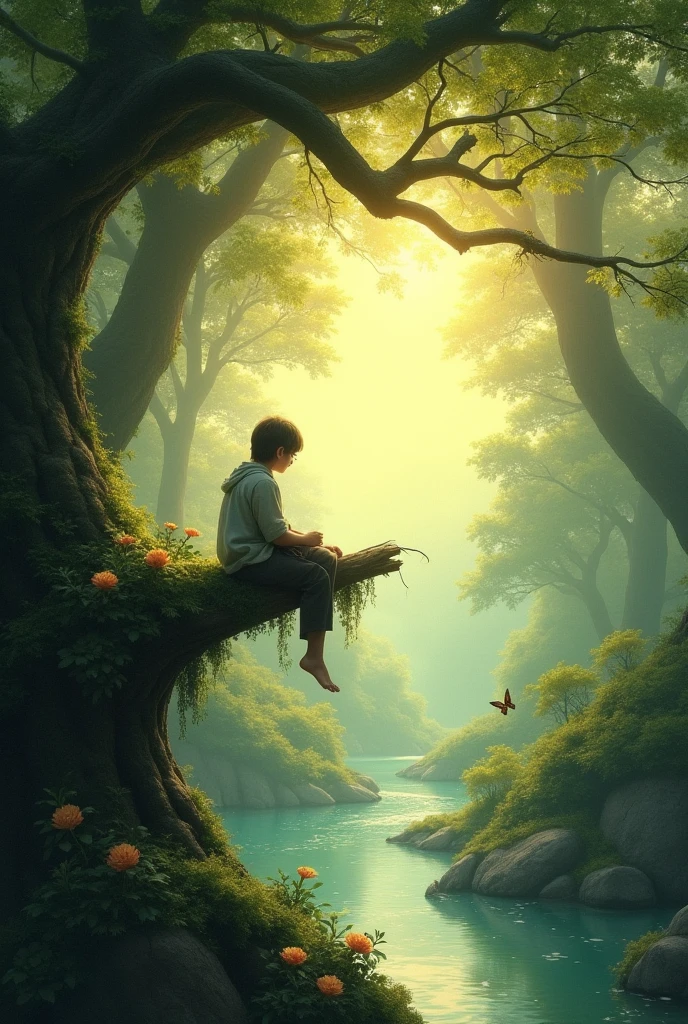 A boy sitting on tree with book and phinix birds
