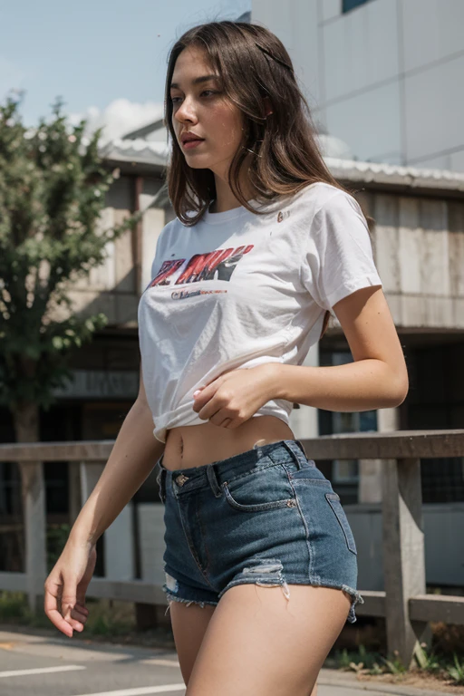 (view from back) (Realisitc:1.5) woman Graphic tee with a denim skirt <lora:EdobHitomiMadison_v1.0:0.8>