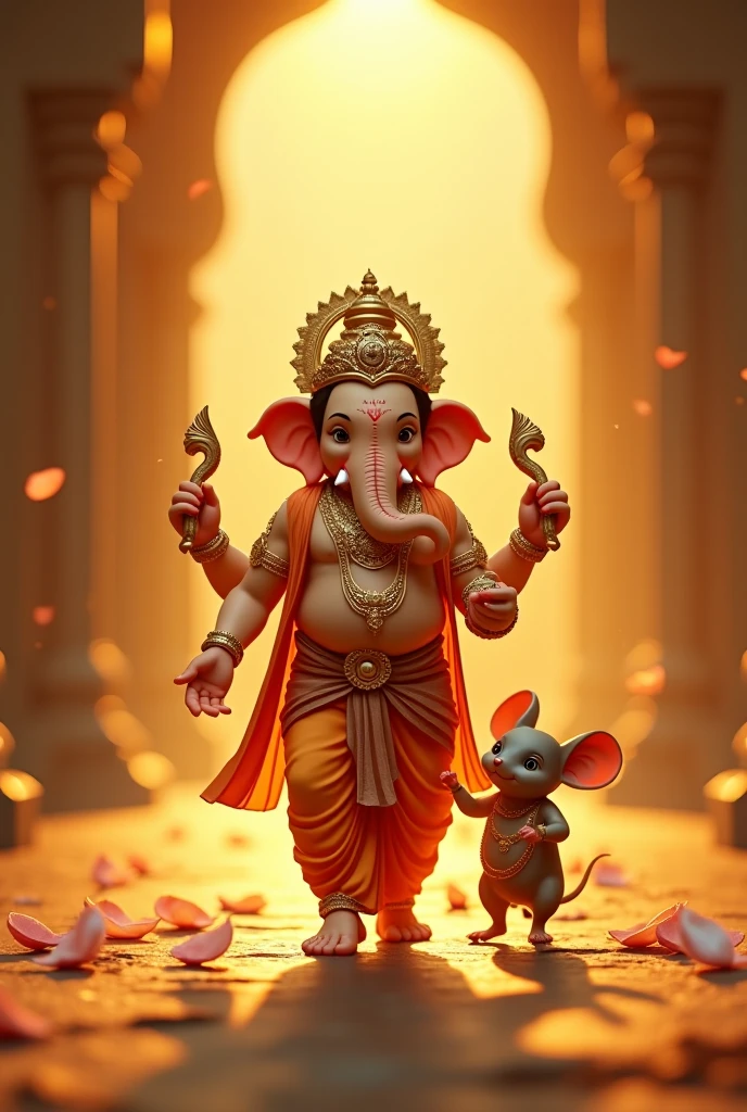 Lord Ganesh with green and red dress,near small Rat, leg near many laddu 's on the plate, blower 