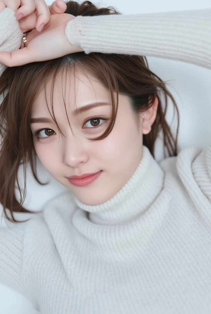 Expressions of joy、Face facing up、Anguished expression、White knitwear、Mirai_aizawa、Brown haired、glamorous、Huge 、dual、The eyes are patchy、The nose is clear、sexy