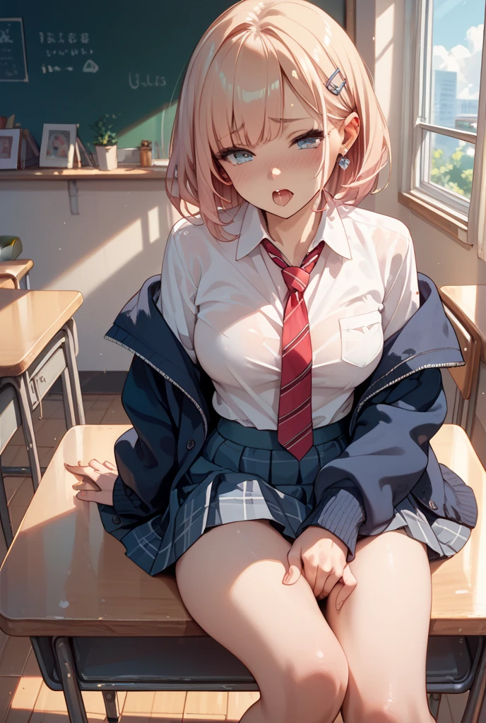 debris flieasterpiece、highest quality、Super detailed、High resolution、High resolution、8K portrait、Unity 8k壁紙のHigh resolutionCG、unity 8k wallpaper、cute:1.5、:1.5、Highly detailed CG unity 8k wallpaper、realistic、real person、cute、 portrait photography、shiny skin、High resolution、Pink hair shorthair、(16 years old:1.2)、(1 girl)、(classroom:1.6)、(school uniform),perfect face, seriously, (blush:1.5),(((clothing lift:1.5))), (medium breasts:0.8), Detailed description vagina,show vagina,spread legs,spread ,((vaginal orgasm:1.5))