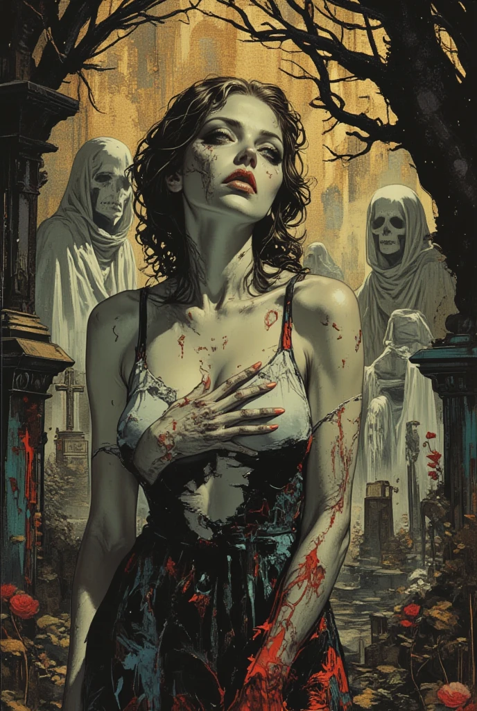 1 girl, Japanese, junji ito style, bloody white dress, no bra, blood, cleavage, being touched by many men, crying, manga, limbo, pain, suffering, hate, abuse, pure sadness,
