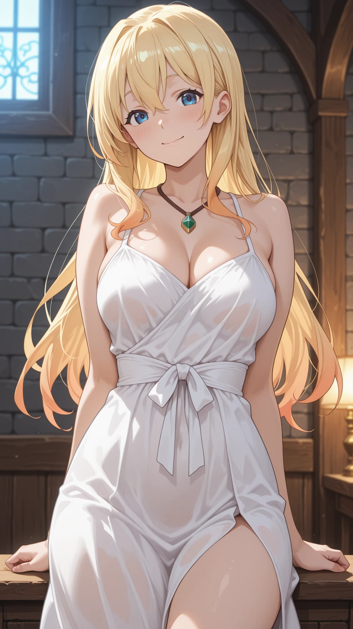 1girl, solo, blonde hair, butterfly hair ornament, (naked:1.3), (white apron), large breasts, cleavage, thighs, cafe background, (blushing:1.3),blue eyes, Violet Evergarden, locket and neck collar, standing, realistic eyes, perfect shaped beautiful body