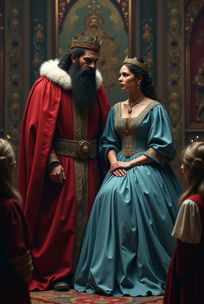 A beautiful, evil, black-haired witch having tea with a black-haired, black-bearded king, and wearing red clothes, yellow and blue. A little princess in a blue corset dress, yellow skirt, red cape has black hair and watches the scene