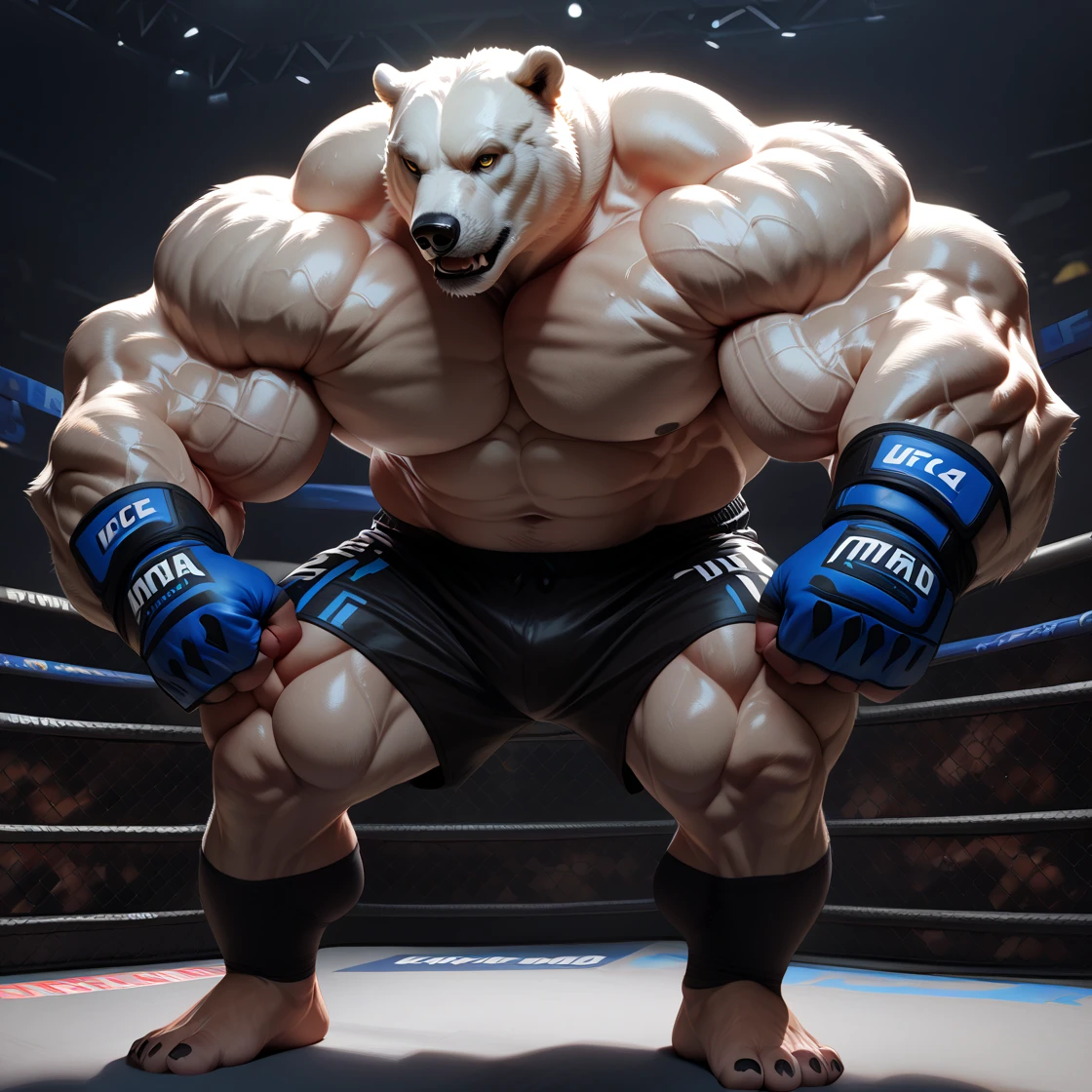 A huge muscular polar bear in hidden underground arena, big smirk, polar bear, huge white fur, thick arm, huge arm, white mustache and beard. Short white hair, (huge thick muscular, huge pectoral, wide pectoral, thick arms), bulky, bulking, bulk, hulking, 1000 lbs of more muscles in his body, correct anatomy, arena, fighting ring, realistic, 8k, masterpiece, (wearing black mixed martial arts short pants with blue slits, mixed martial art fingerless gloves with blue pads, black toeless footwear and shirtless and topless), kicking techniques, uppercut punching motivations. Champion