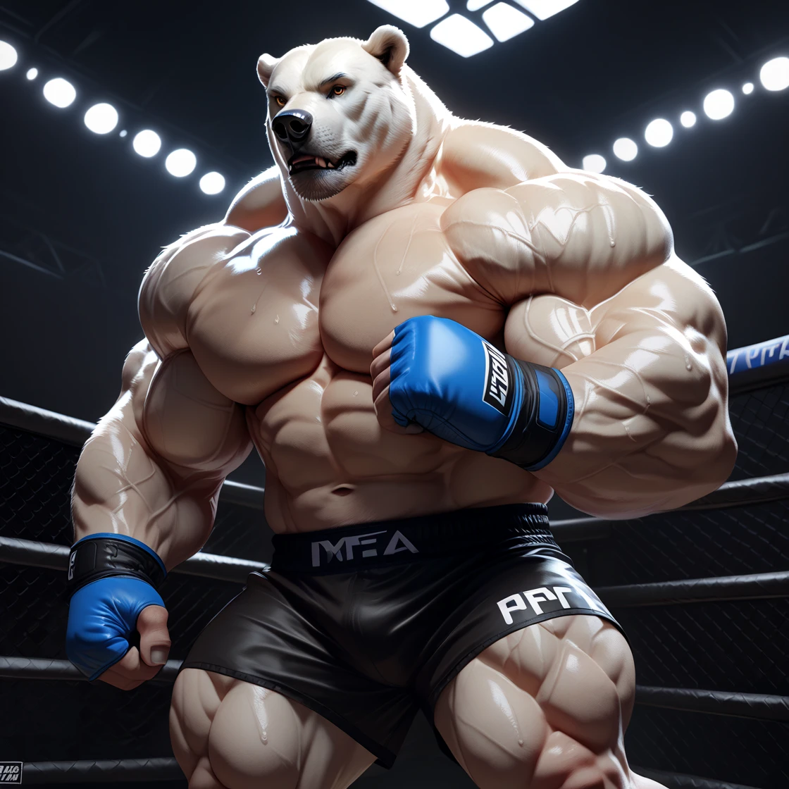 solo, 1boy, Huge Muscular White Polar Bear, huge white fur, pectoral, huge pectoral, wide pectoral, short white hair, ((really big muscle, massive muscular, sixpack, thick arms, huge fluffy white fur, wide pectoral, super huge muscle, hyper muscular, over sized muscle, huge arms, big arms, huge pectoral)), black kickboxing MMA fighting short pants, black toeless wootwear, fingerless kickboxing fighting gloves and shirtless and topless, white bearded, white Mustache, white fur, grey eyebrows, gym fitness center background, masterpiece, high detailed, 8k, high resolution, at the gym, flexes huge thorax, looking at the viewer, acting all hunk