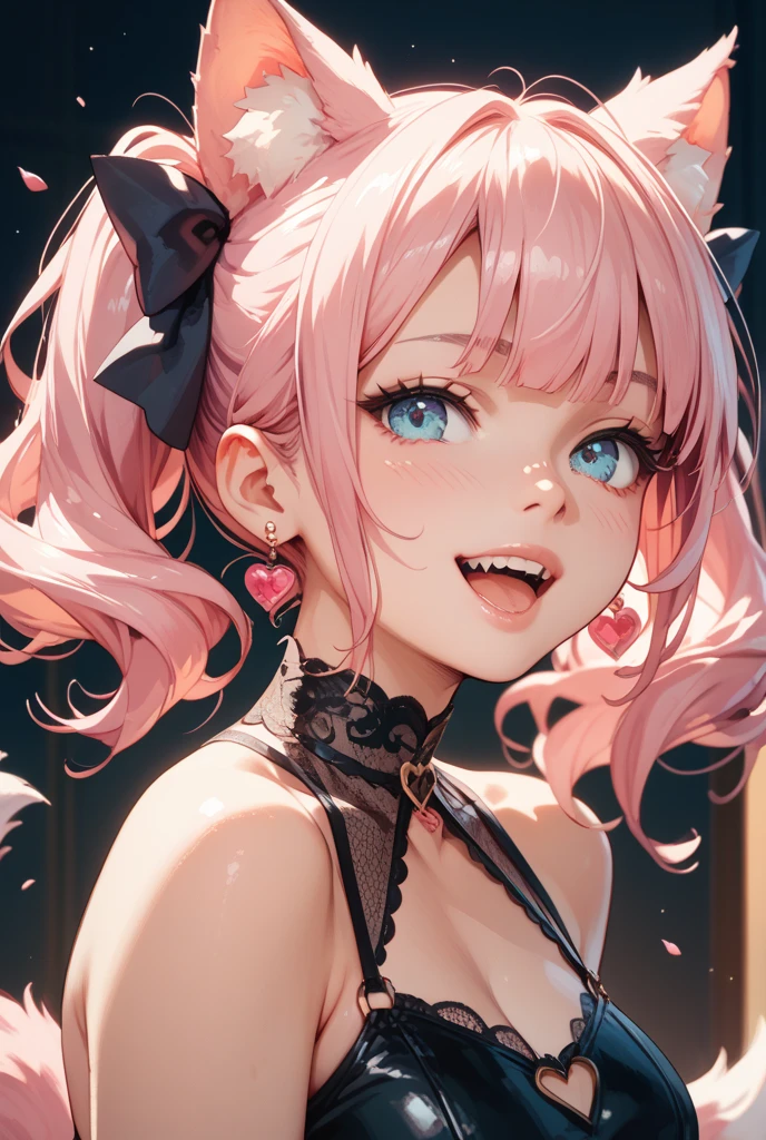 (1girl),(8k, RAW photo, photorealistic:1.25) ,( lipgloss, eyelashes, gloss-face, glossy skin, best quality, ultra highres, depth of field, chromatic aberration, caustics, Broad lighting, natural shading,Kpop idol), ahegao, tongue out, panty line, squinting eyes, pink hair, small black horns, sparkles, heart eyes