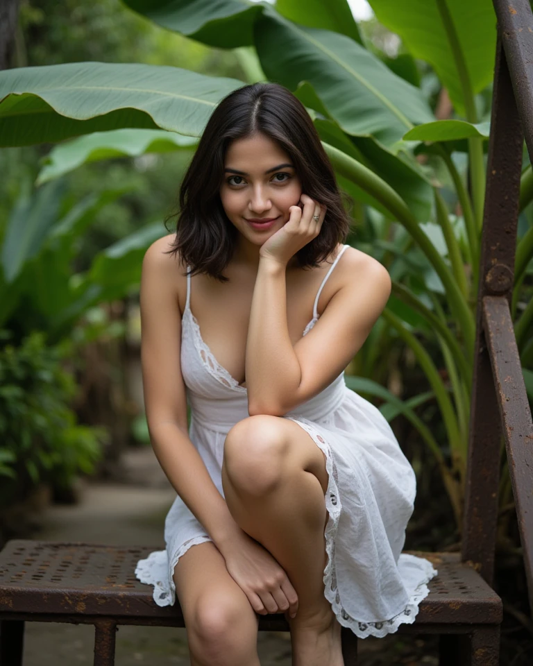 full body portrait of a leggy Indian lady with oval shaped face in her early thirties in a revealing white short mini lace dress with a beautiful smile in a garden of flowers, sitting on garden bench, flirty look, feminine form, beautiful legs, morning sunlight coming from an angle, good bokeh effect.