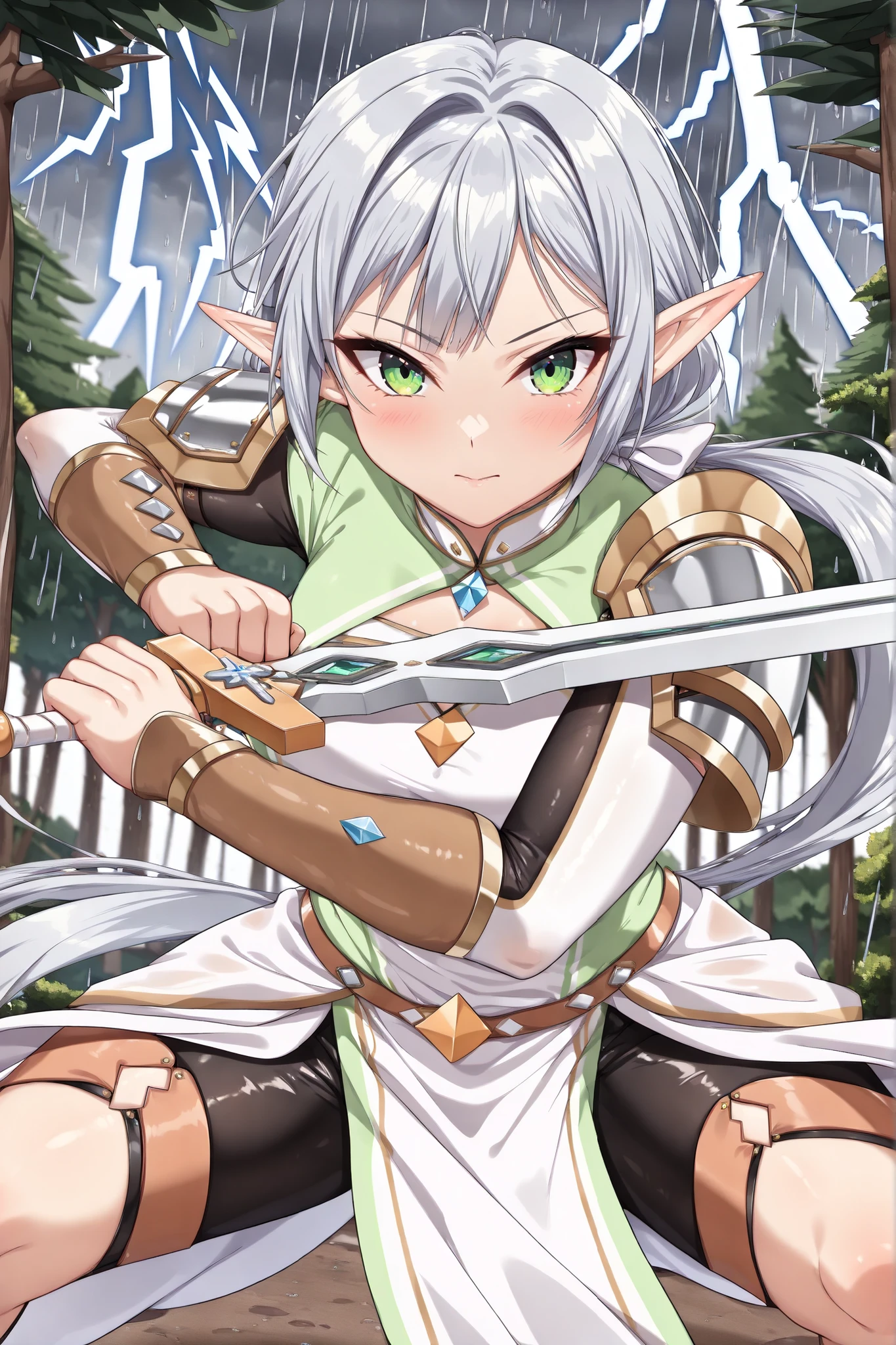 a high-quality digital drawing, clean and sharp details, anatomically correct, (vibrant colors), 1girl, ((cinematic lighting)), ((masterpiece)), (8k quality), (top rated on pixiv), (cutiepie), sfw, (moe), (closed mouth), ((adult))
break,
((beautiful diamond shaped mature face)), ((detailed and vibrant green eyes)), ((tsurime)), naturally curved eyelashes, small and subtly defined nose, ((smooth and shining skin)),
break,
((long flowing gray hair)), ((low ponytail)), (natural waves), (smooth bangs), ((elf ears)),
break,
((outfit: elegant female warrior outfit)),
break,
((looking at viewer)), ((holding longsword)), ((fighting stance)), ((focused expression)), ((detailed forest)), ((lightning)), ((rain falling)), (depth of field), ((close up)),