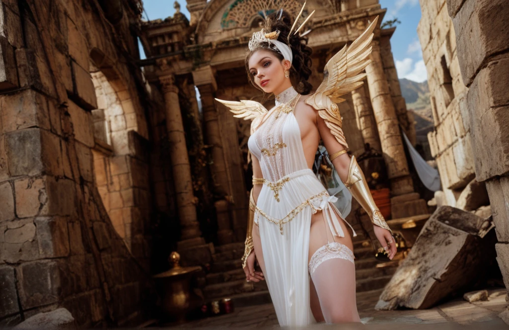 (master piece:1.8), (best quality:1.8), (exquisite lighting and shadow, highly dramatic picture, cinematic lens effect) 8k, wallpaper, looking at the viewer, open arms, female very short gold hair thin and tall fantasy angel lady wearing a smooth and futuristic white dress with gold ornaments and gold lines, thin waist, notorious hips, white angel wings, serious look in the eyes, beautiful blue eyes, beautiful lips, shiny sun behind, clouds and sky background, ethereal lightning, sharp focus