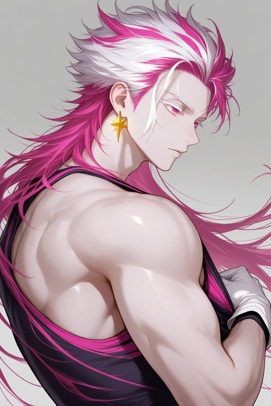(8k,shipmentsrrealista　shipments　Maximum quality;1.4) (1 young boy) Super handsome king of the underworld　(lifelike face) 　(long floral pink hair with dark pink tips)　slenderbody　Muscular and hairy and macho　Light pink and dark pink shiny furry aristocratic costume with big pink eyes　bright light pink and dark pink floral decoration　Fangs peeking out of the mouth　Pointed claws　a seductive gaze　Beautiful expression　A hyper-realistic　(King of the Underworld)　appealing　(real looking skin)　super high resolution　high détail　Light Pink and Dark Pink Luxury Floral Trousers　light pink and dark pink aura emanating from the body　effect　light pink and dark pink furry cover 