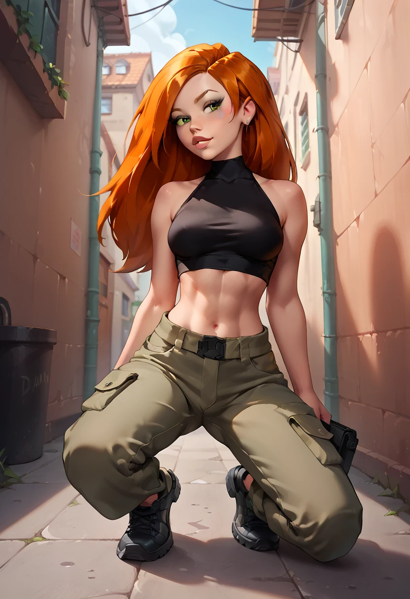 Kim Possible, ((long Orange-red hair, glowing green eyes, lipstick, eyeliner, makeup, narrow waist, skinny, medium breasts, alone)), pelvic curtain, ((black crop top, black gloves, brown belt, green cargo pants)), full body, perfect body, (insanely detailed, beautiful detailed face, masterpiece, best quality) , (((solo))), (((1girl))), (((mature))), (extremely detailed 8k paper CG wall unit: 1.1), (street, city, dusk), (serious face for the viewer), cameltoe view, from below, Arms crossed
