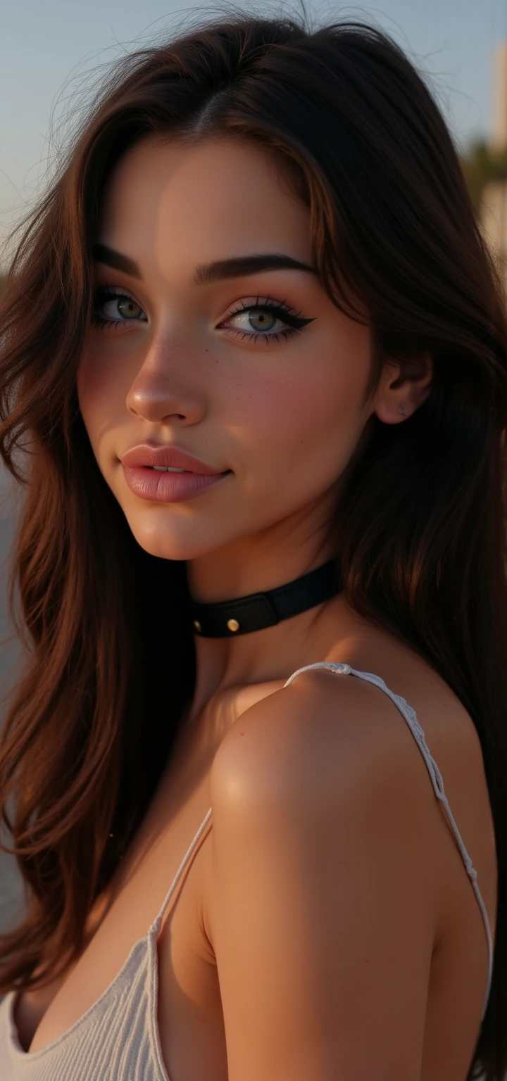 a very sexy girl, Jessica Alba likeness, brunette hair style, detailed face, beautiful eyes, full lips, ((topples)),  breasts,  laced collar, seductive smile, seductive atmosphere, best quality, beach background, 4k, 8k, highres, masterpiece:1.2, ultra-detailed, realistic, photorealistic, photo-realistic:1.37, HDR, UHD, studio lighting, ultra-fine painting, sharp focus, physically-based rendering, extreme detail description, professional, vivid colors, bokeh, portrait