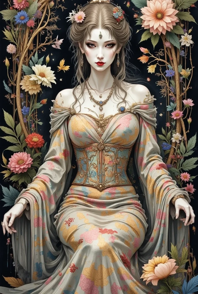 ((aeolian)), 1 girl, beautiful face, Princess, (wearing a torn red gown), very long black hair, slim body with long legs, shiny skin, forest background, small bare feet, camera view from the side, full body view, sitting on throne