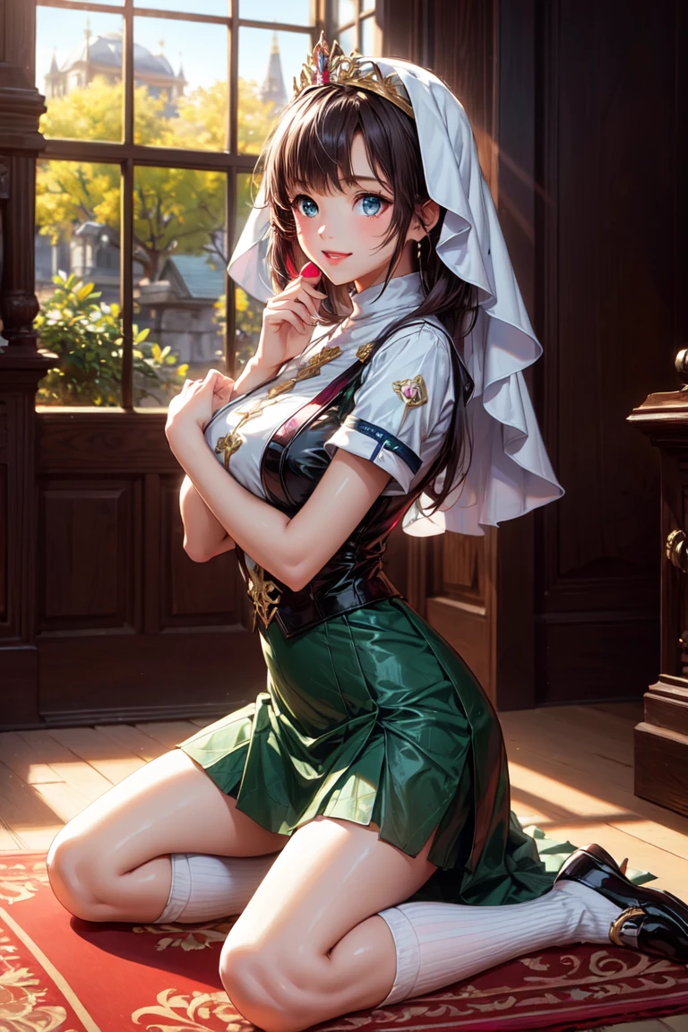 highly insanely detailed, masterpiece, top quality, best quality, highres, 4k, 8k, RAW photo, (very aesthetic, beautiful and aesthetic), 1girl, solo, 
Tower13_Gizelle, 
a beautiful elvish girl, 
(angelic waitress) young woman, brazilian, tan skin, olive green eyes, full-figured build, extra long hazel half-up half-down hair, wearing Vintage-inspired uniform with a mustard yellow dress, white apron, knee-high stockings, black heels, casual baseball cap, wearing a name tag,carrying a bottle opener, set in Booth Section, Intimate area with dim lighting, red leather booths lining the walls, classic jukebox in the corner, checkered tablecloths, framed black-and-white photos of old-time celebrities , at sunset, 
dark_skin, tan_skin, tanned skin, dark skin, dark-skinned, black-skinned, bronze skin, 
(olive green hair,light green hair,split-color hair,dual-toned hair,two-tone hair,multi_color_hair,multicolored hair,multi colored hair)âââ